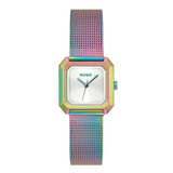 A Hugo women's watch featuring an iridescent rainbow mesh strap and a matching iridescent rectangular case with a white dial.