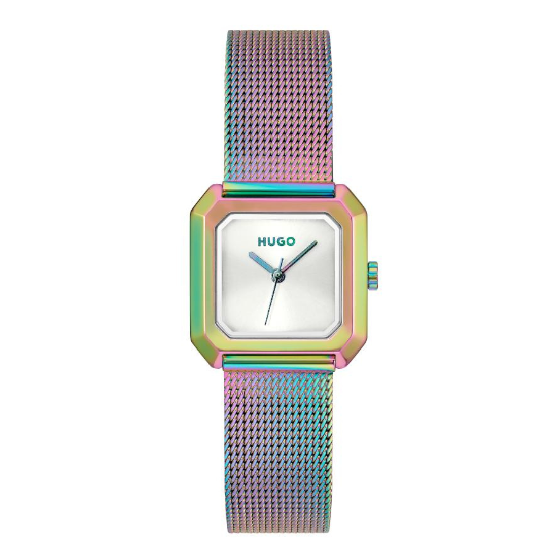 A Hugo women's watch featuring an iridescent rainbow mesh strap and a matching iridescent rectangular case with a white dial.