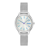 A Hugo watch with a silver stainless steel mesh strap, a silver round case, and a white dial featuring blue hour markers and hands with a purple center accent.