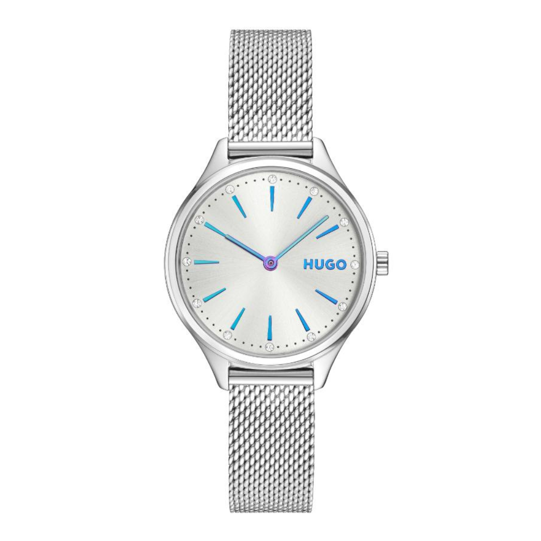 A Hugo watch with a silver stainless steel mesh strap, a silver round case, and a white dial featuring blue hour markers and hands with a purple center accent.