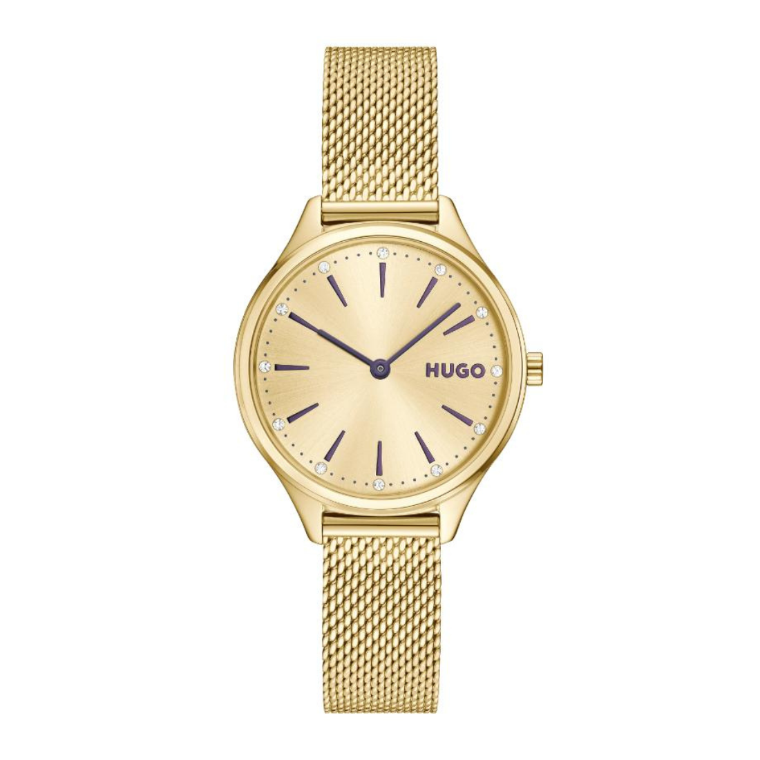 A gold-tone Hugo watch with a matching mesh strap, featuring a gold dial with dark blue hands and hour markers, shown against a plain white background.