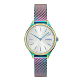 A Hugo wristwatch with an iridescent rainbow mesh strap, a gold-toned bezel, and a white dial with blue hands and logo.