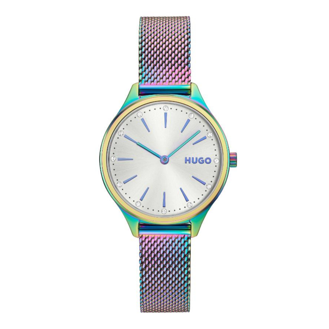 A Hugo wristwatch with an iridescent rainbow mesh strap, a gold-toned bezel, and a white dial with blue hands and logo.