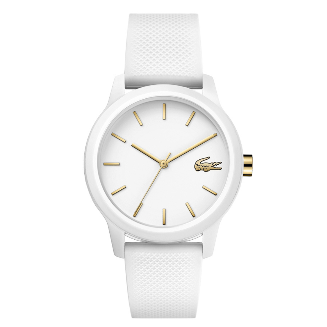 White watch with gold accents on a white background