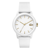 White watch with gold accents on a white background