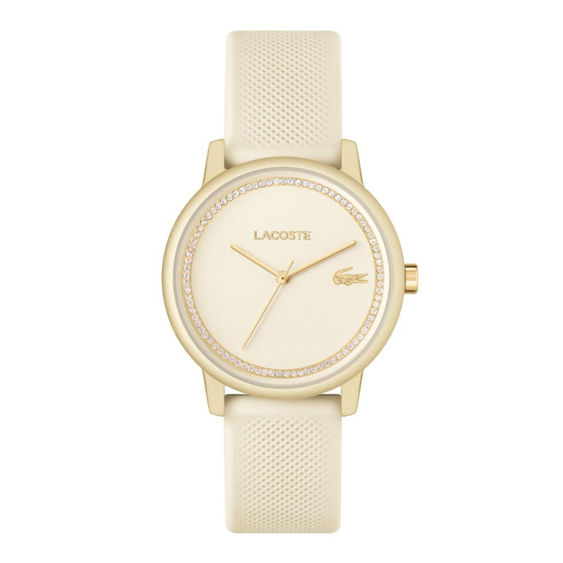 Lacoste watch with a textured cream-colored silicone strap, a gold-tone case, and a matching cream dial accented with a crystal border.
