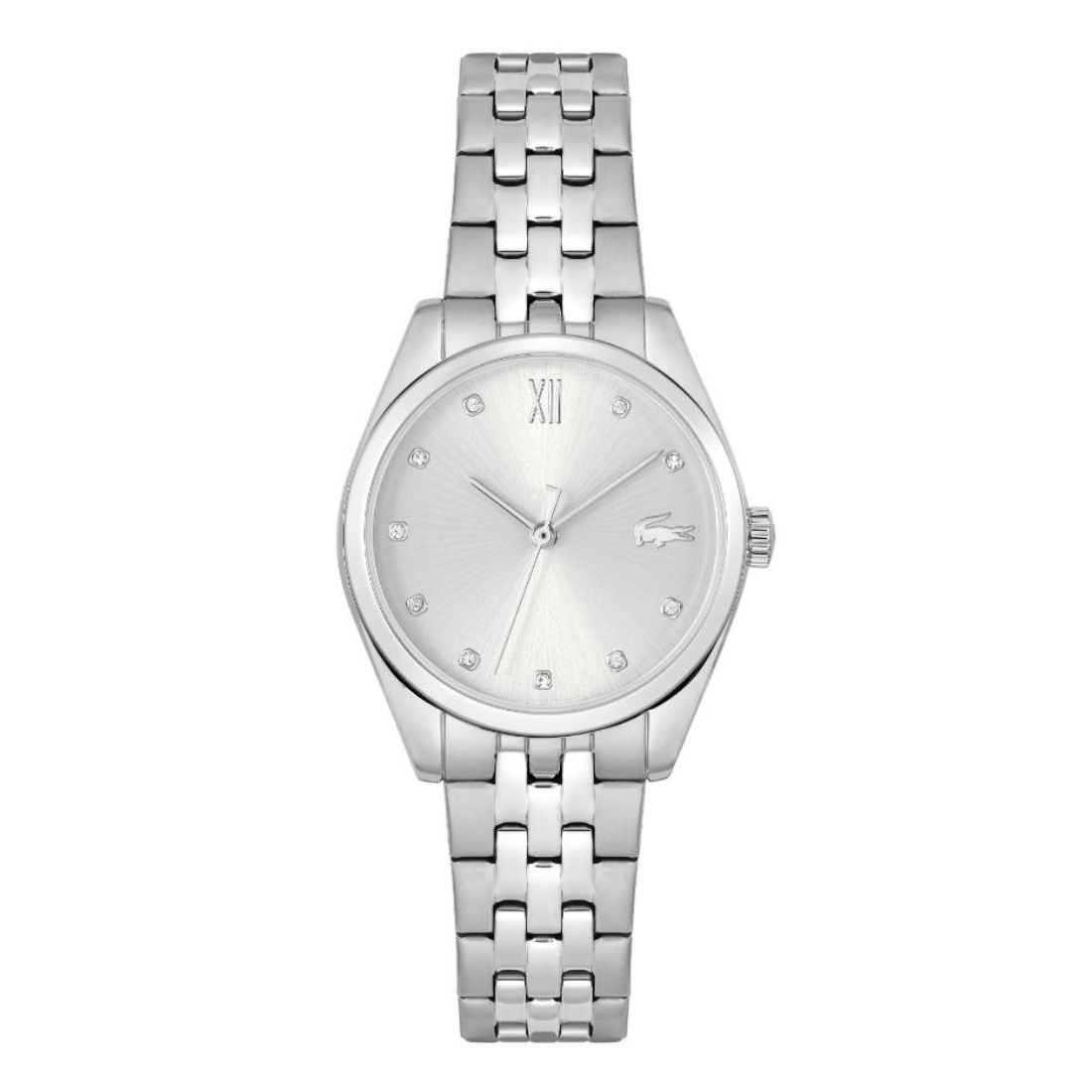 A silver-tone stainless steel wrist watch with a matching link bracelet, featuring a white dial with a Roman numeral XII, crystal hour markers, and a small Lacoste crocodile logo at the 3 o'clock position.