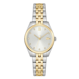 A two-tone stainless steel and gold Lacoste watch with a silver sunburst dial, gold-tone bezel and hands, and a matching two-tone link bracelet on a white background.