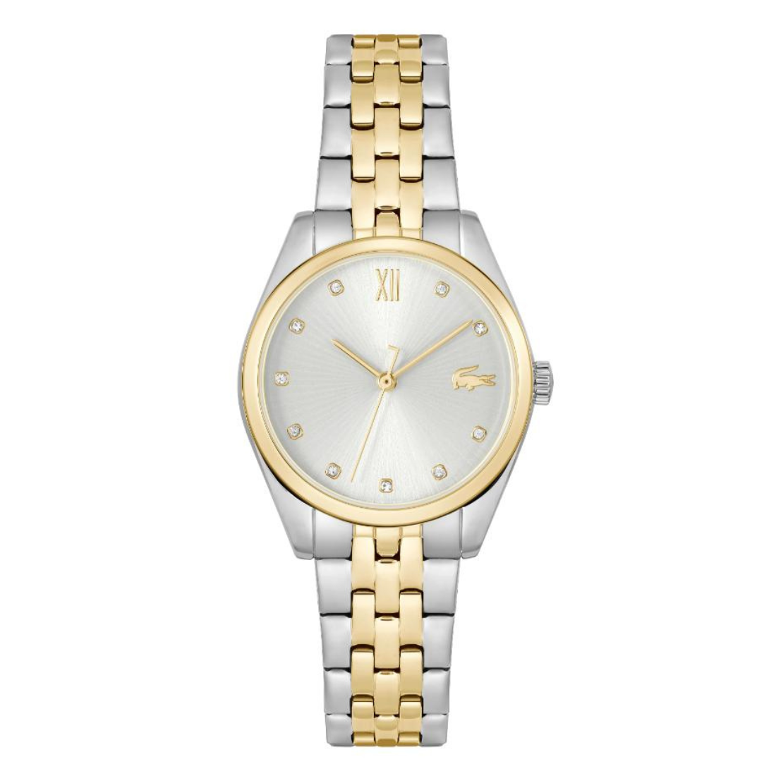 A two-tone stainless steel and gold Lacoste watch with a silver sunburst dial, gold-tone bezel and hands, and a matching two-tone link bracelet on a white background.
