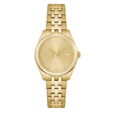 Gold watch with diamond-studded face on a white background