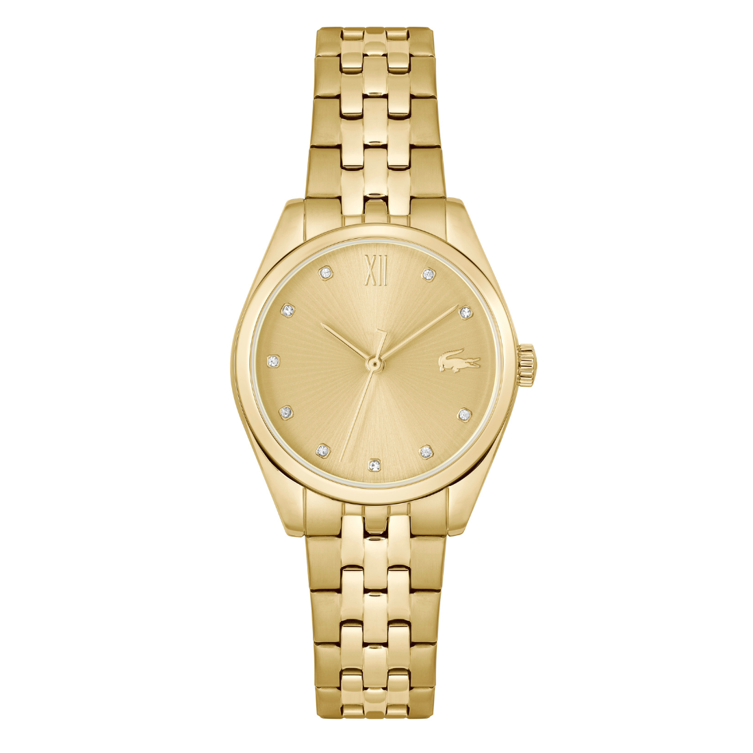 Gold watch with diamond-studded face on a white background