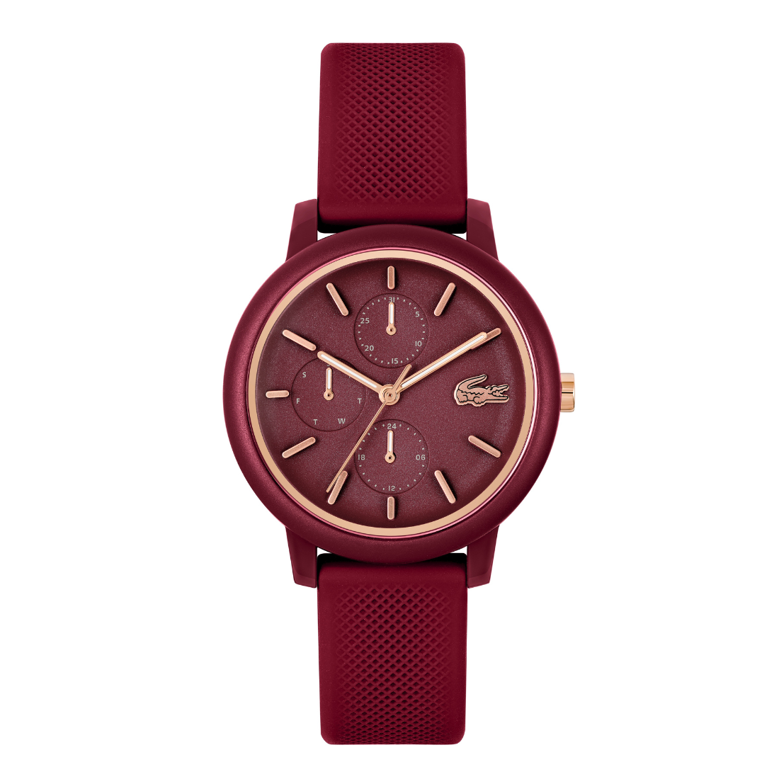 Maroon watch with gold accents on a white background