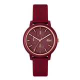 Maroon watch with gold accents on a white background