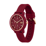 Maroon watch with gold accents on a white background