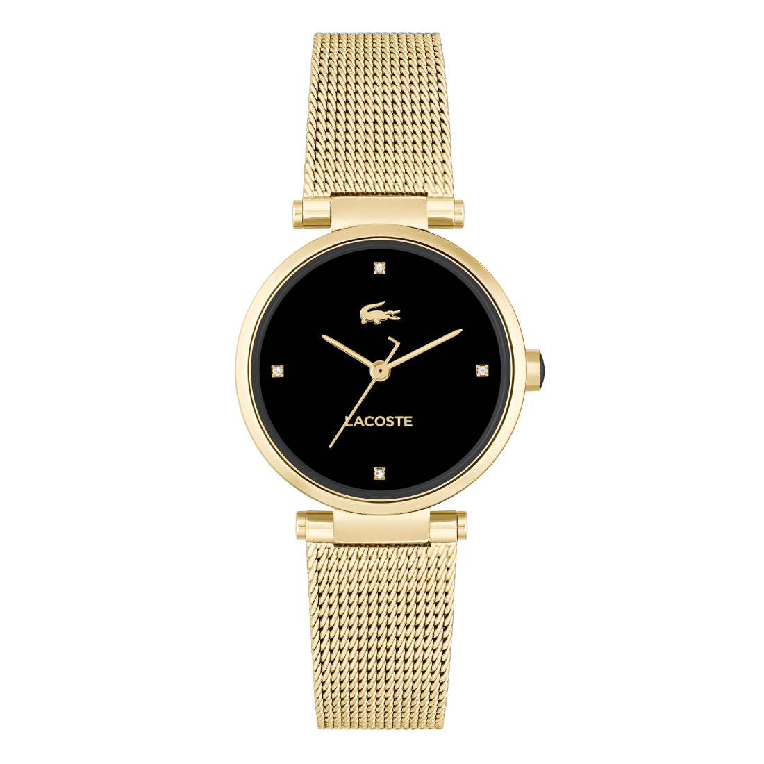 Gold watch with black face on a white background