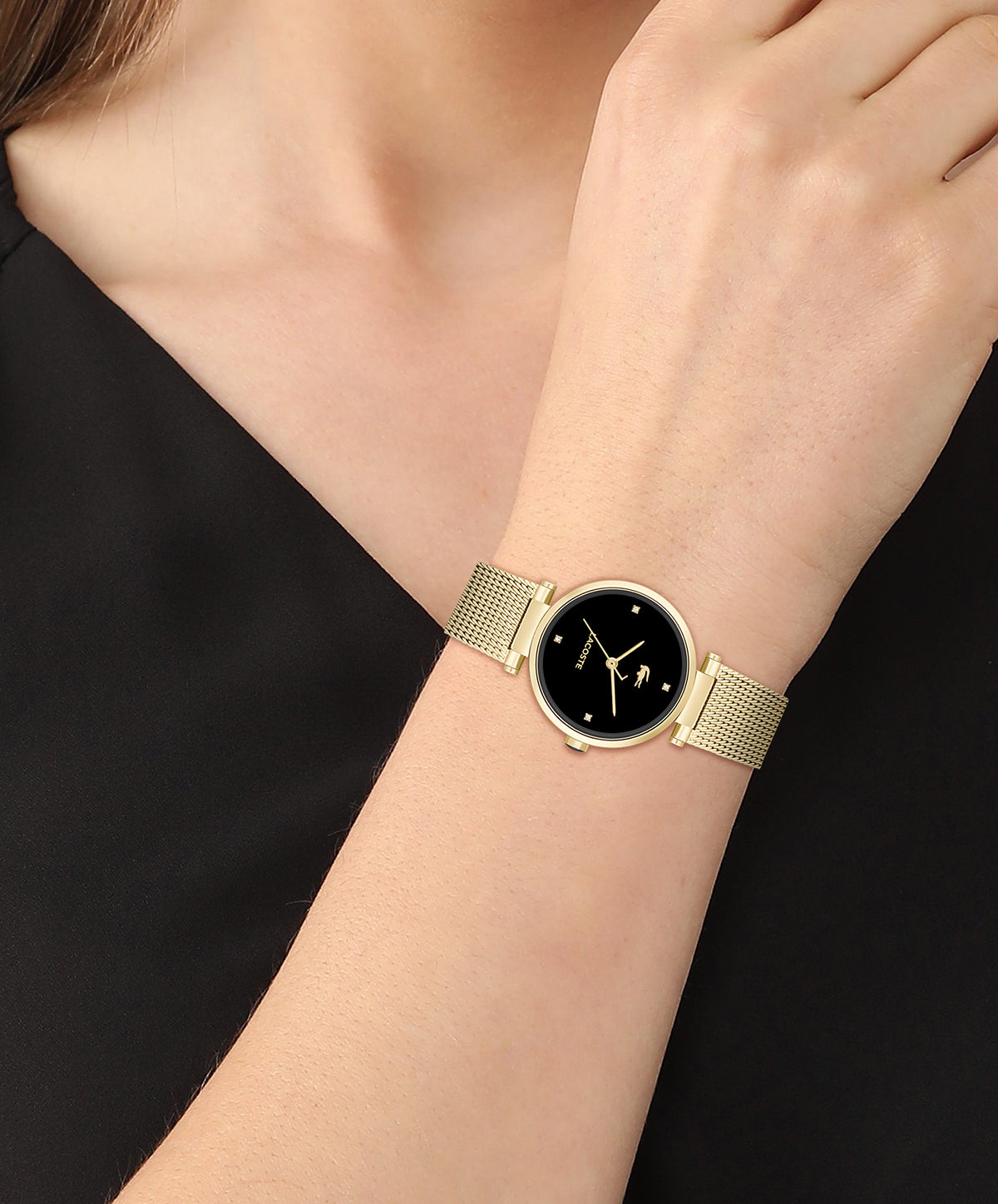 Lacoste Women 30 mm Quartz Analog Black Dial Gold Stainless Steel Strap Watch 2001336