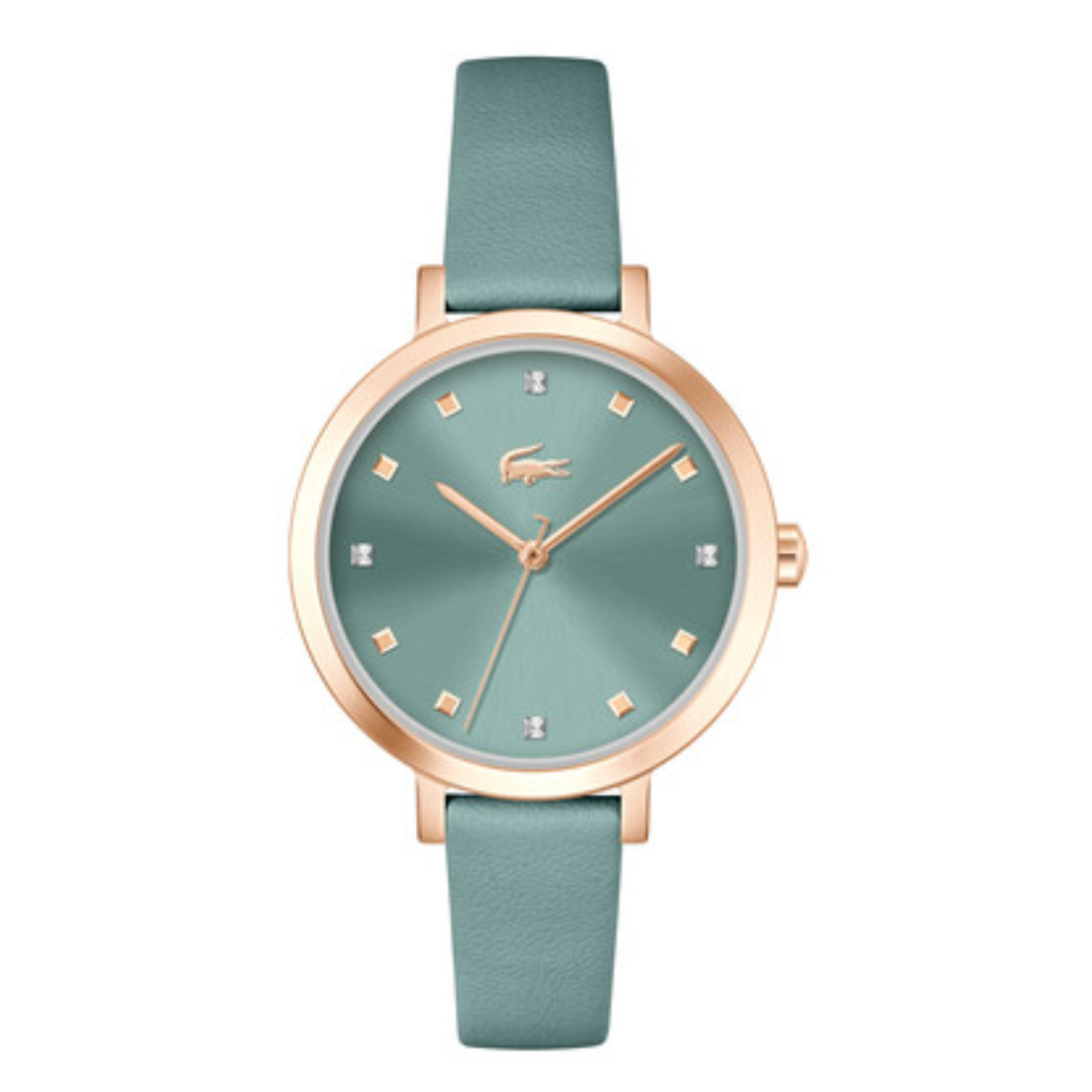 Green watch with rose gold accents on a white background