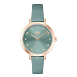 Green watch with rose gold accents on a white background
