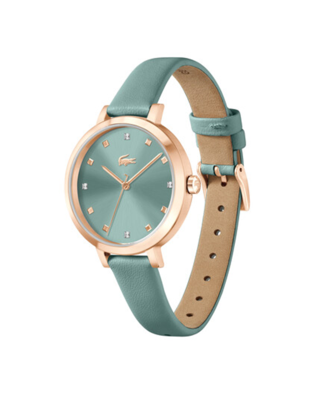 Watch with green strap and rose gold case on a white background