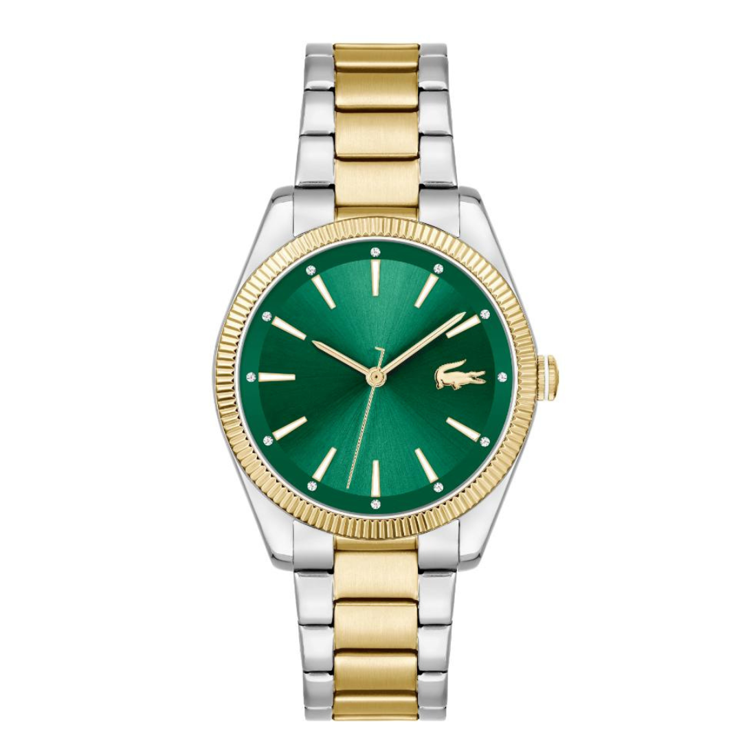 A luxury two-tone watch featuring a green dial with a gold-tone crocodile logo, a gold-tone bezel, and a silver-and-gold-tone stainless steel link bracelet, shown against a plain white background.
