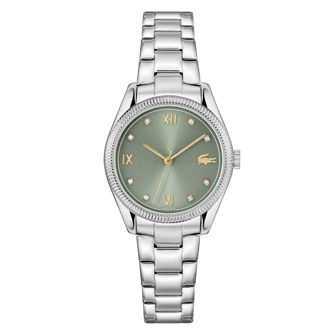 Lacoste women’s elegant wrist watch with 30 mm round silver dial, rose gold mesh stainless steel strap, minimalist analog display, slim polished case, and jewelry-style design on white background.