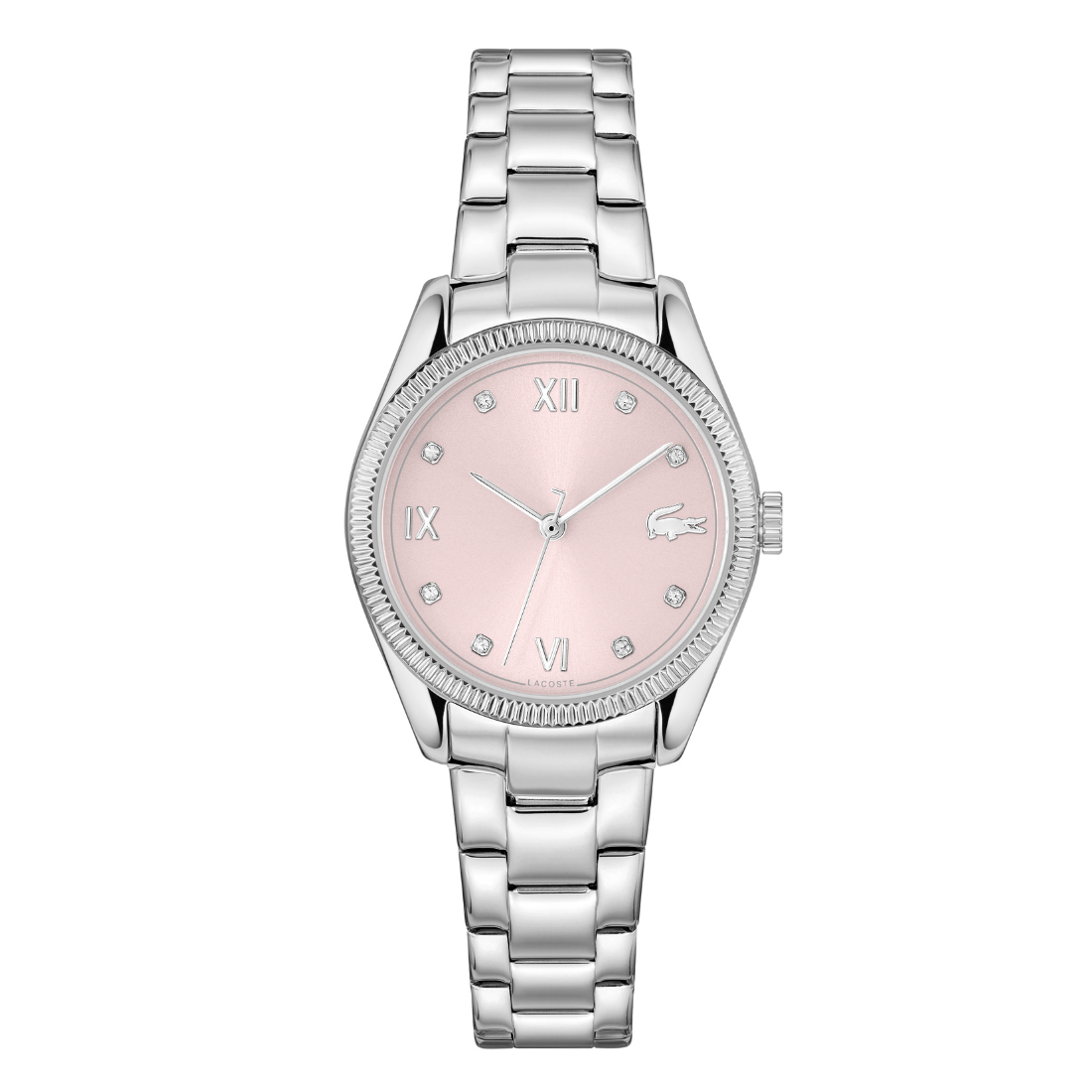 Silver watch with a pink face on a white background