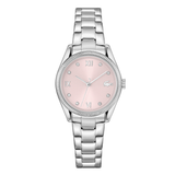 Silver watch with a pink face on a white background