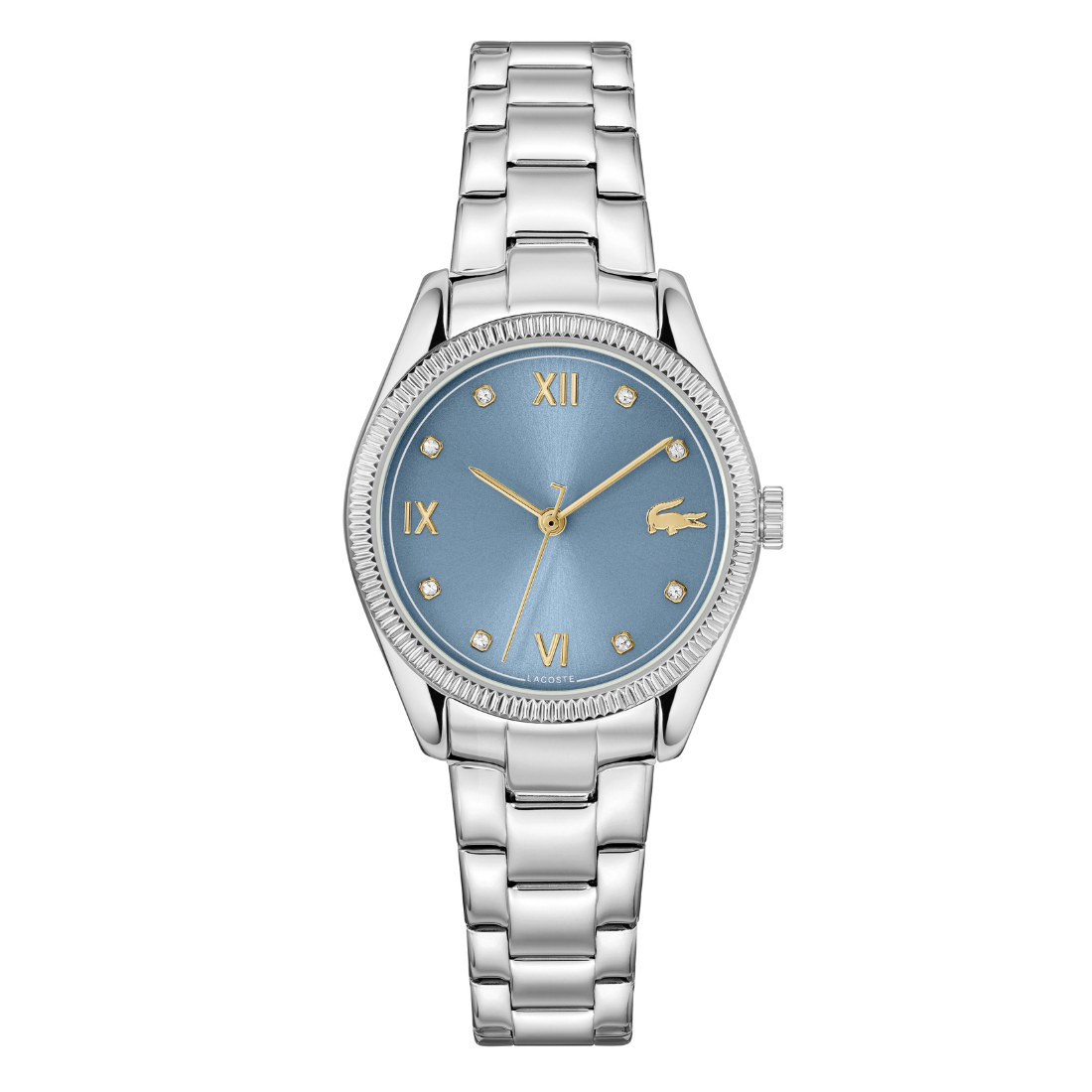 Lacoste women’s elegant bracelet watch with 30 mm round blue dial, silver stainless steel bracelet strap, polished silver case, minimalist analog display, and jewelry-inspired slim profile on white background.