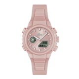 A pink Casio watch with a matching textured silicone strap, featuring a digital display on the face and the Lacoste crocodile logo.
