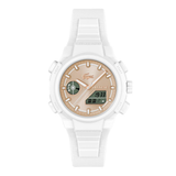 A Lacoste watch with a white silicone strap, a textured white case, and a beige dial featuring a green crocodile logo and digital display.