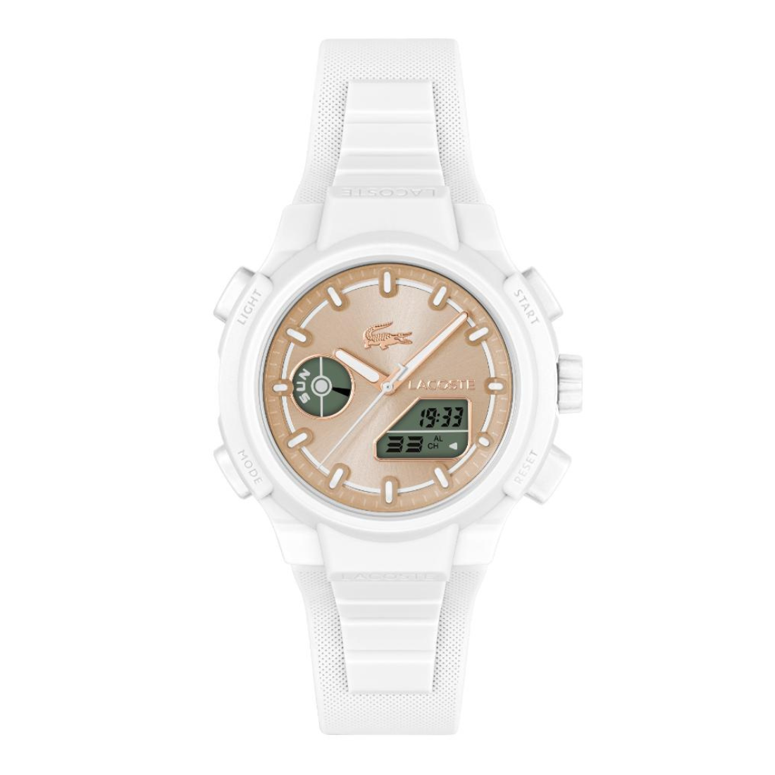 A Lacoste watch with a white silicone strap, a textured white case, and a beige dial featuring a green crocodile logo and digital display.