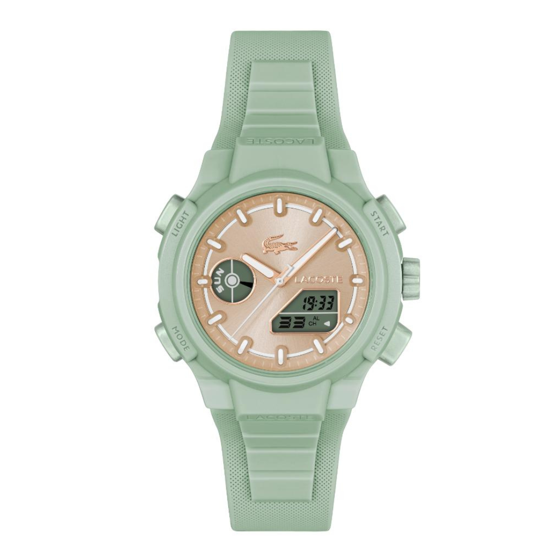 A Casio watch with a light sage green silicone strap and case, featuring a textured rose gold dial with white markings and a digital display.