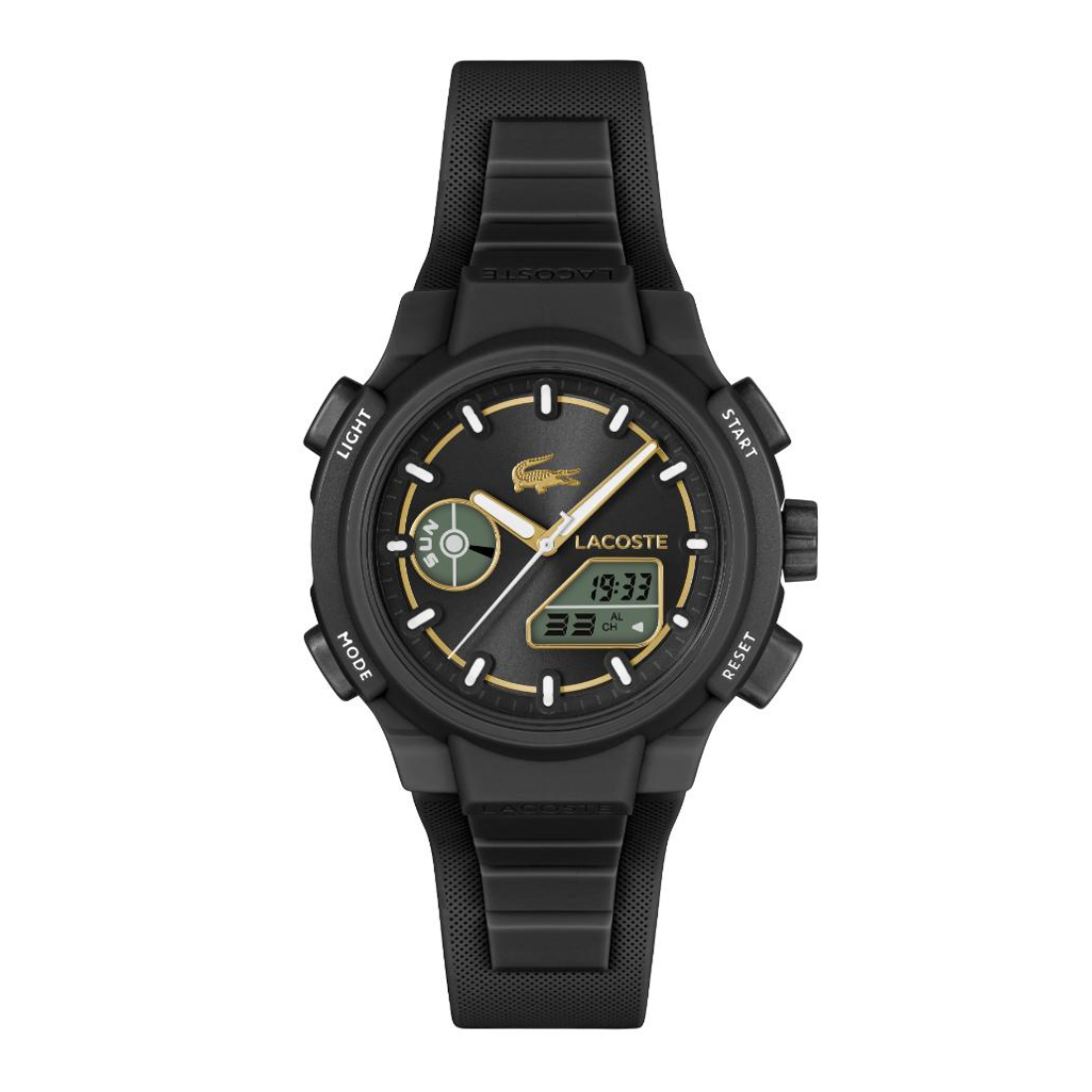 A black Lacoste sport watch with a textured silicone strap, featuring a black dial with gold accents, white hands, and a digital display window.