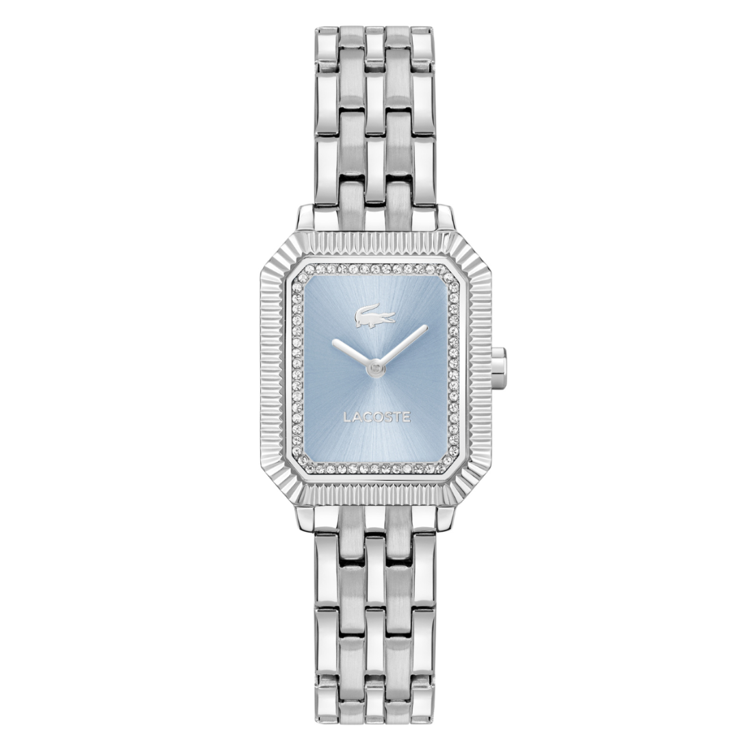 Silver watch with a light blue face on a white background
