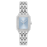 Silver watch with a light blue face on a white background