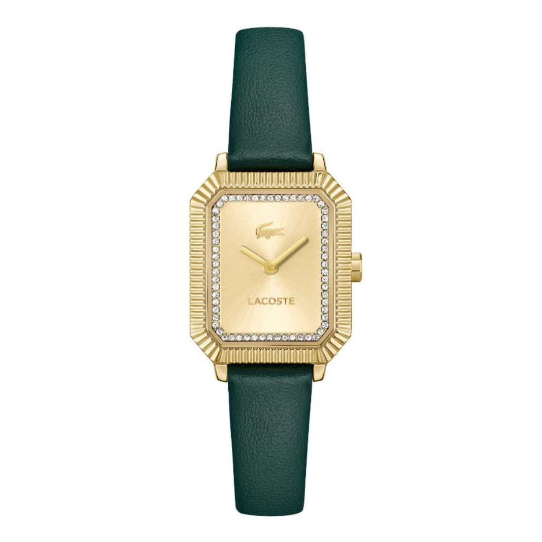 A Lacoste women's watch featuring a gold-tone rectangular bezel with a crystal pavé border, a gold-tone dial with the brand's crocodile logo, and a dark green leather strap, shown against a plain white background.