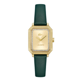A Lacoste women's watch featuring a gold-tone rectangular bezel with a crystal pavé border, a gold-tone dial with the brand's crocodile logo, and a dark green leather strap, shown against a plain white background.