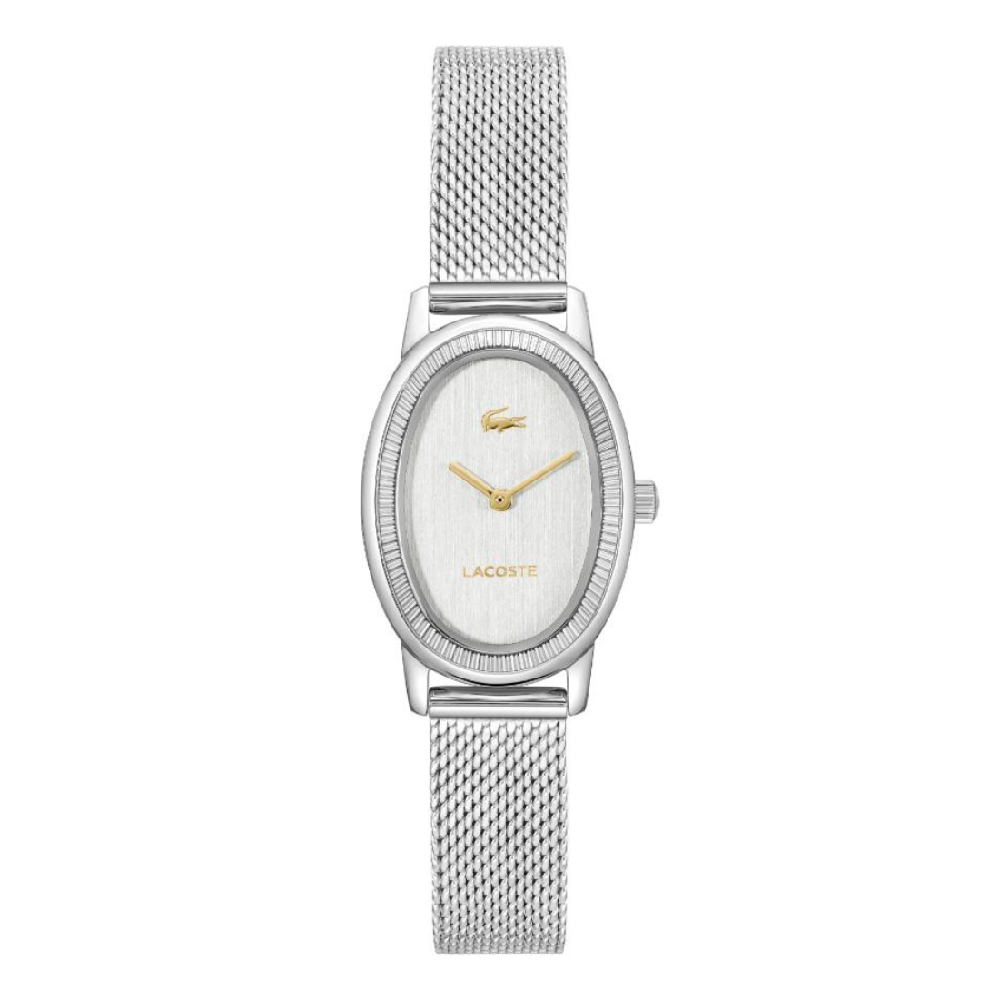 A Lacoste women's watch featuring an oval silver-tone case, a white dial with gold-tone hands and logo, and a silver-tone mesh bracelet, shown against a plain white background.