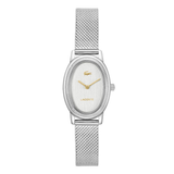 A Lacoste women's watch featuring an oval silver-tone case, a white dial with gold-tone hands and logo, and a silver-tone mesh bracelet, shown against a plain white background.