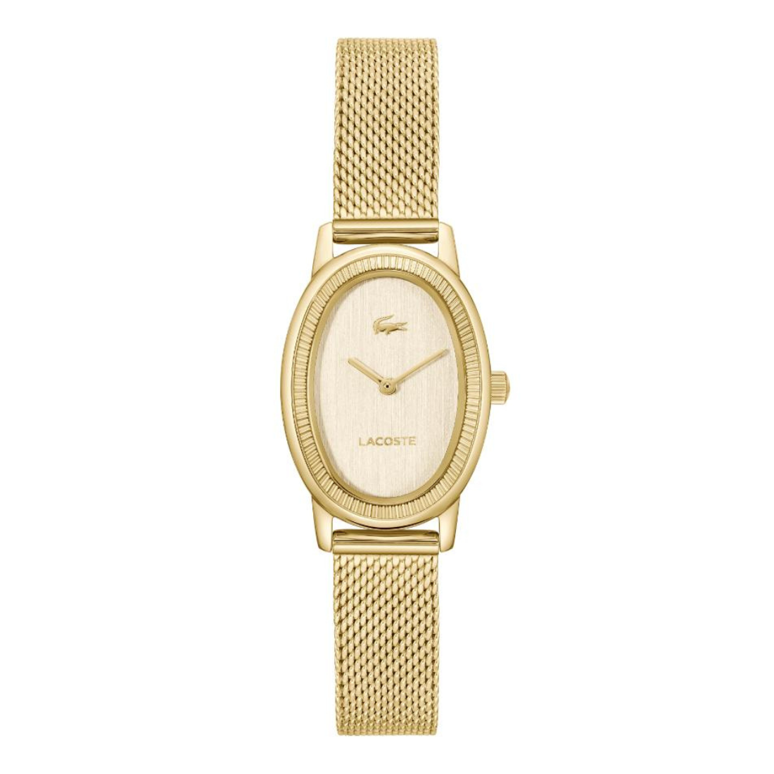 A gold-tone Lacoste women's watch with an oval bezel, matching gold-tone mesh strap, and a textured gold dial with the brand's crocodile logo.