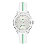 Lacoste watch with a silver-tone stainless steel case, white dial with green logo, and a white silicone strap with a green center stripe, shown on a plain white background.