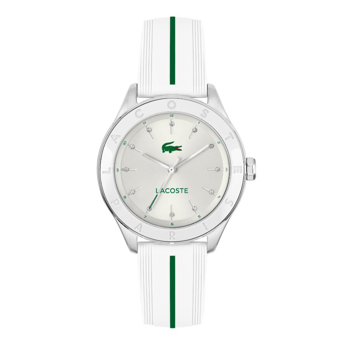 Lacoste watch with a silver-tone stainless steel case, white dial with green logo, and a white silicone strap with a green center stripe, shown on a plain white background.