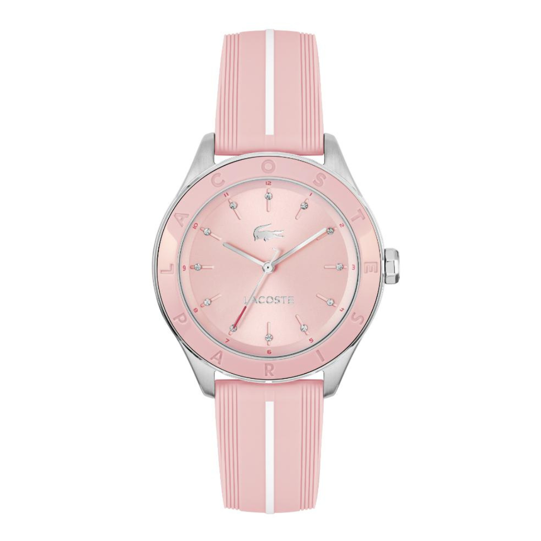 A Lacoste watch with a light pink dial and a matching pink silicone strap featuring two white vertical stripes, set against a plain white background.