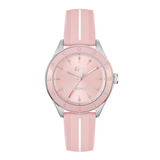 A Lacoste watch with a light pink dial and a matching pink silicone strap featuring two white vertical stripes, set against a plain white background.