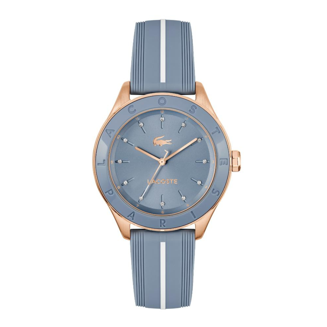 Lacoste watch with a dusty blue dial and a matching blue ribbed silicone strap featuring a white center stripe, framed in rose gold.