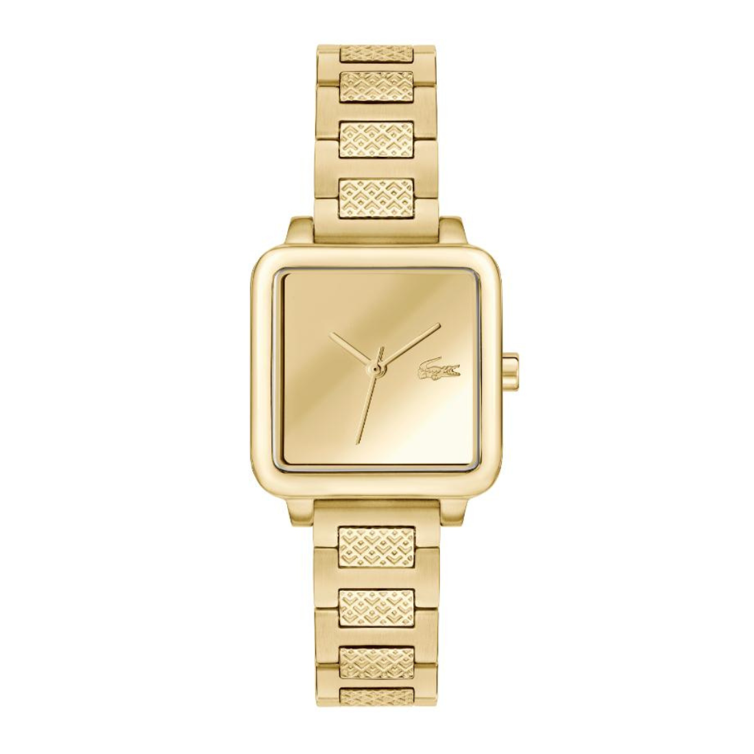A gold-tone Lacoste watch with a square bezel, minimalist dial, and textured link bracelet, shown against a plain white background.