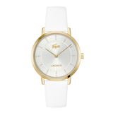 A Lacoste watch with a white leather strap, a white dial, and a gold-tone case and hands, shown against a plain white background.