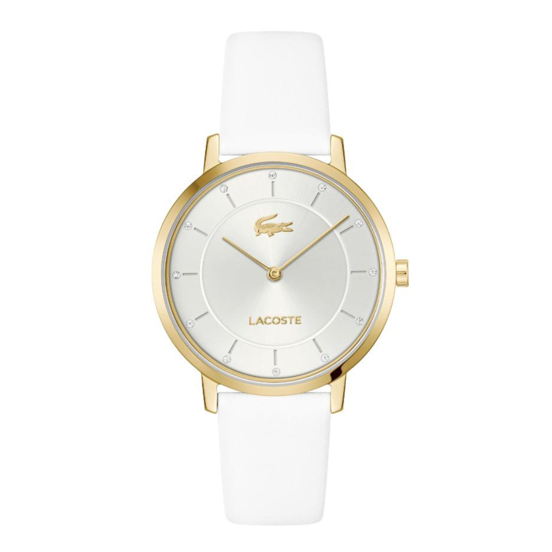 A Lacoste watch with a white leather strap, a white dial, and a gold-tone case and hands, shown against a plain white background.