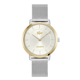 A Lacoste watch with a silver-tone stainless steel mesh strap, a gold-tone bezel, and a white dial featuring the signature crocodile logo.