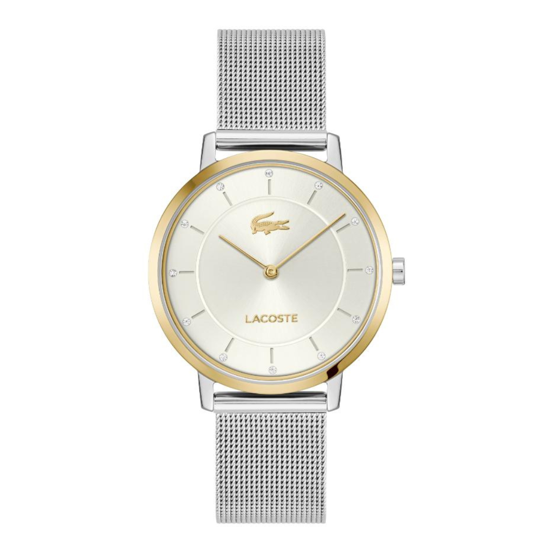 A Lacoste watch with a silver-tone stainless steel mesh strap, a gold-tone bezel, and a white dial featuring the signature crocodile logo.